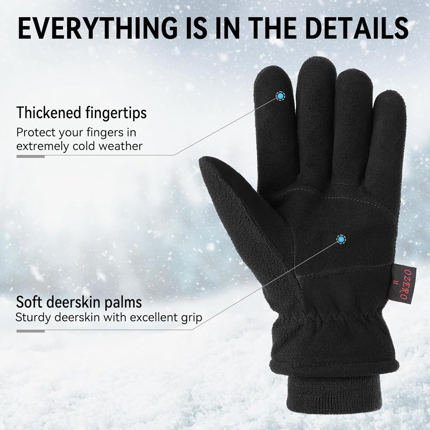 Men & Women Winter Gloves -30°F Deerskin Leather Water-Resistant Windproof Cold Weather Glove for Driving Hiking
