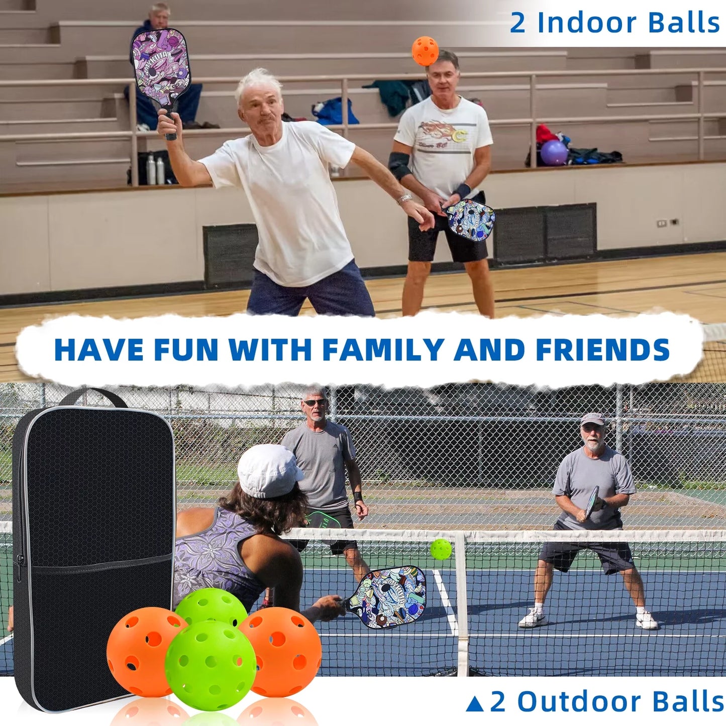 Pickleball Paddles Set of 2 Paddles,4 Pickleball Balls, Lightweight Fiberglass Surface&Honeycomb Core Pickleball Set Gifts for Men Women